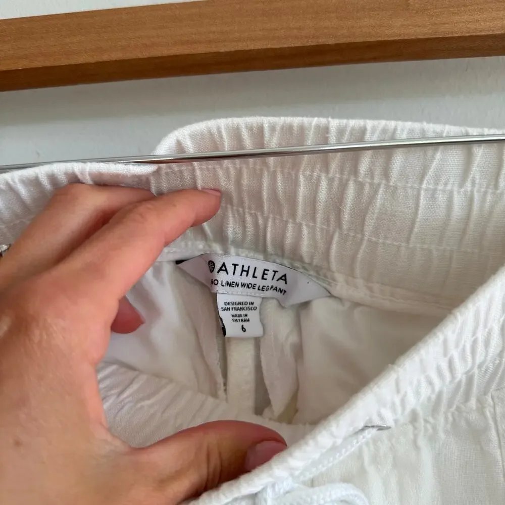 Athleta Cabo Linen Drawcord Waist Wide Leg Pants White 6